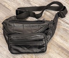 VTG 90 s Unbranded Black Genuine Leather Pockets Zipped Fanny Pack Hip Waist Bag