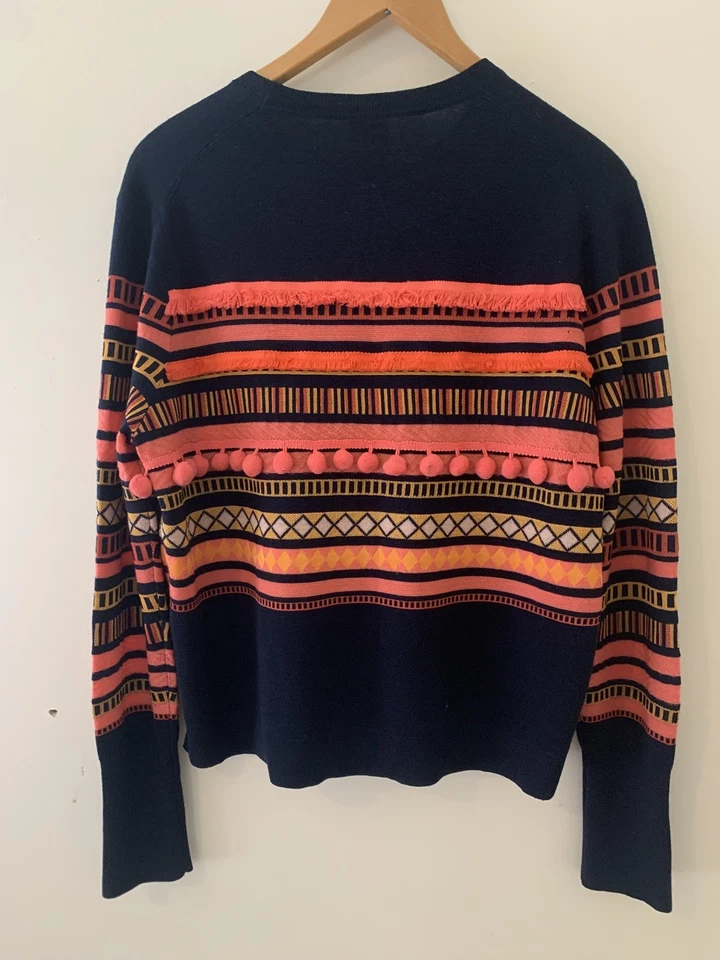 PS Paul Smith Mujer’s Jersey Lana Azul Marino L Colorido Pom Pom Rayas Patrón Tejido Foto 3 de 4