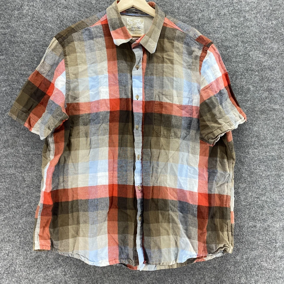 Tasso Elba Shirt Men 2XL Brown Plaid Button Up Collared Linen Short Sleeve - Image 4 of 4