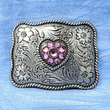 Cowgirl Heart Love Belt Buckle Western Floral Scroll Rhinestones Vtg 80s .XTT256