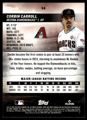 2024 Topps Stadium Club Corbin Carroll #94 Arizona Diamondbacks 