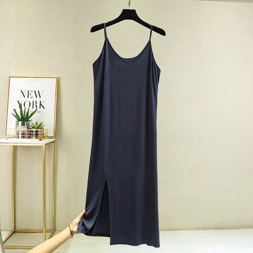 Modal V-Neck Women Nightdress Summer Sleeveless Dress with Slit Hem Lounge Wear - Picture 13 of 22