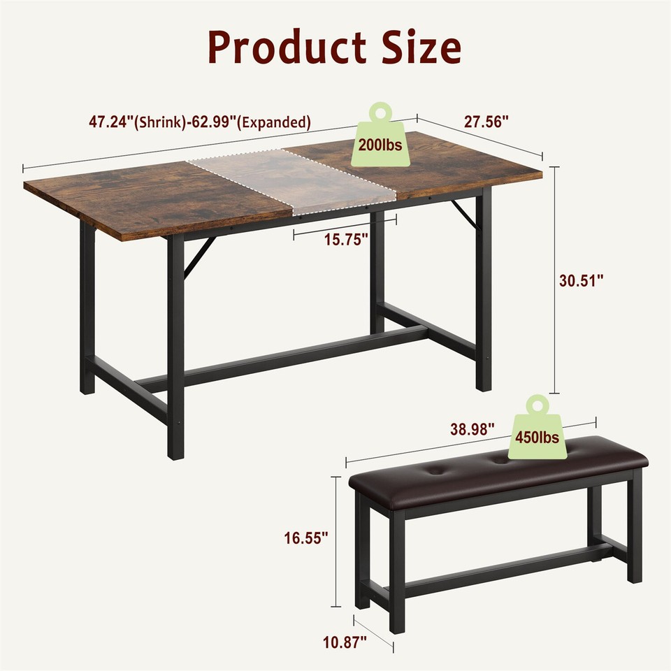 63" Extendable Dining Room Table Set with 2 Upholstered Benches Dining ...