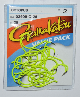 Gamakatsu Octopus Hooks - Chartreuse Color For Fly Tying & Fishing, Sizes 2,4,6,8