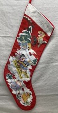 Vintage Handmade Needlepoint Christmas Tree Birds Sleigh Jumbo Stocking