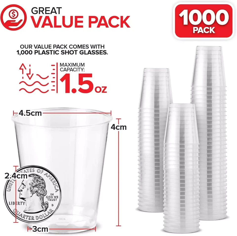1000 Plastic Shot Glasses - 1.5 Oz Disposable Cups - 1.5 Ounce Shot Glasses - Id - Image 2 of 4