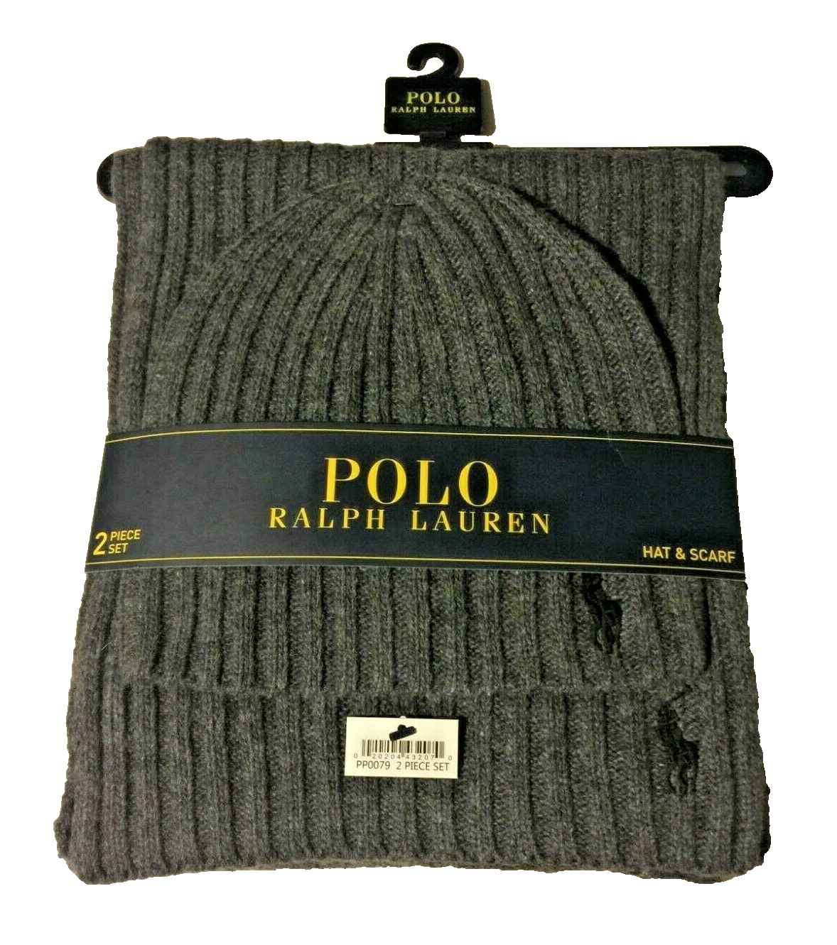Polo Ralph Lauren set 2 pezzi cappello e sciarpa in lana di agnello a costine grigio nero Big Pony