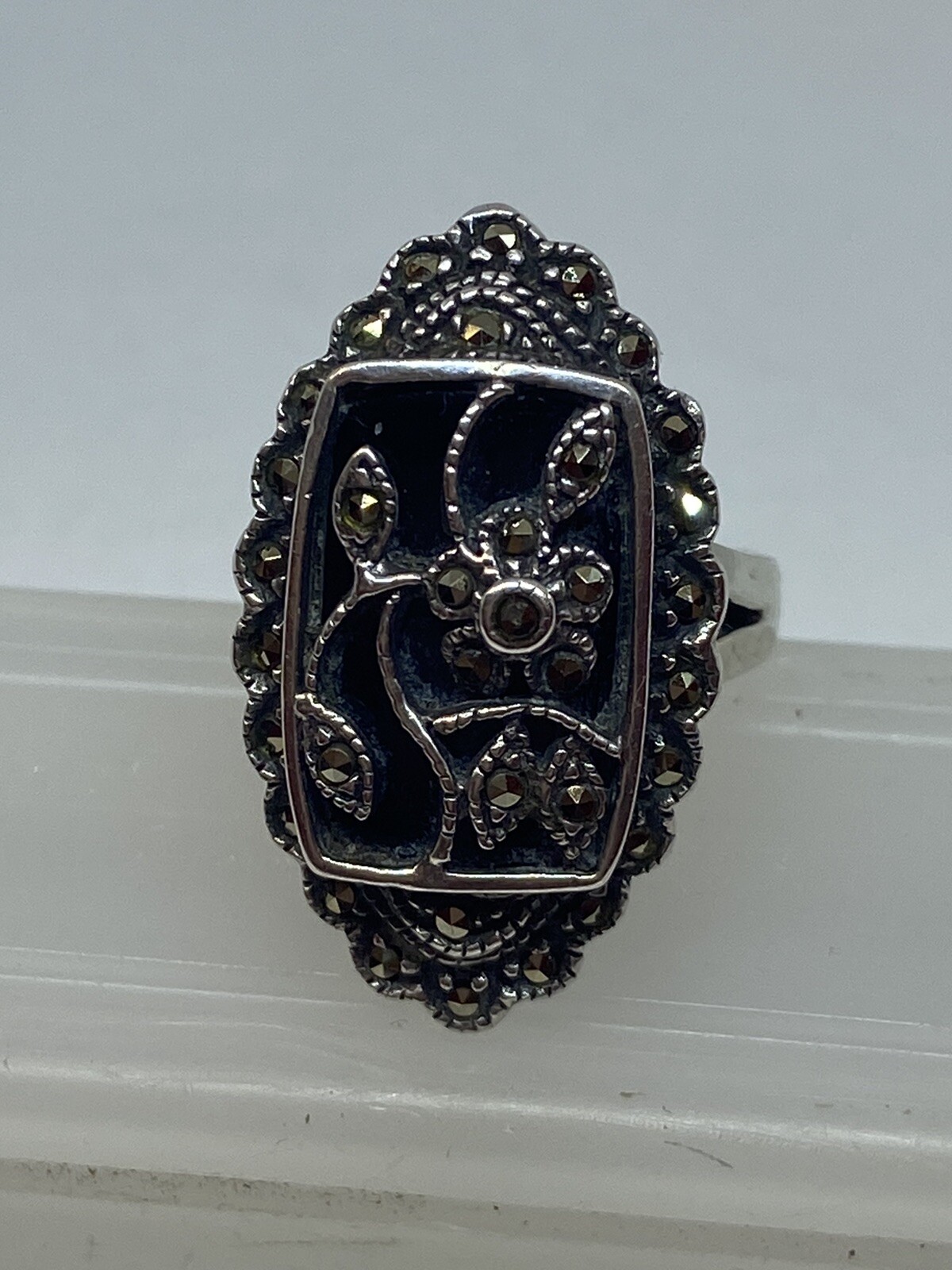 solid sterling silver 925 ring with marcasite Ony… - image 3