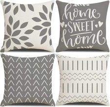 Set of 4 Bohemian Linen Throw Pillow Covers 22x22 - Gray Decorative Elegance