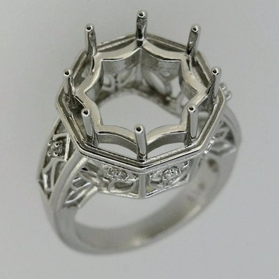 Art Deco 925 Sterling Silver Semi-Mount Ring 15x15mm Round Solitaire Setting
