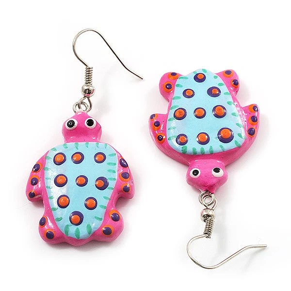 Funky Wooden Turtle Drop Earrings (Deep Pink & Light Blue ) - 4.5cm Length - Image 3 of 4