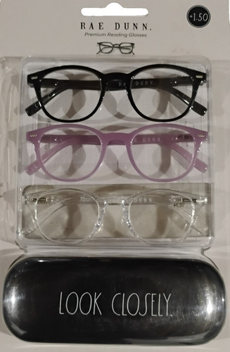 RAE Dunn Premium Reading Glasses +1.50 Look Closely 3-Pack With Case New Sealed