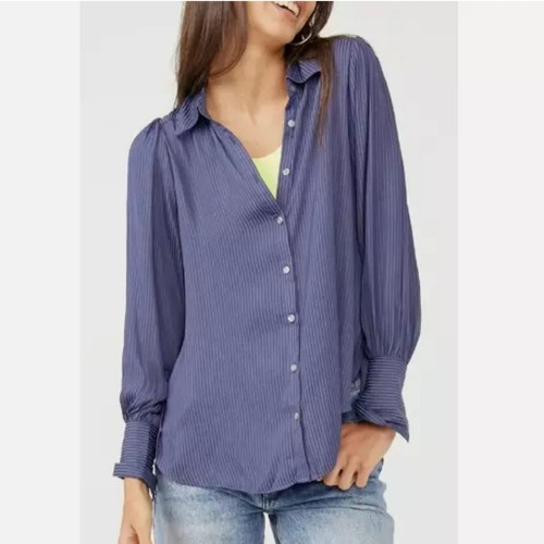 Free People Womens Sz XL Blue Serena Silky Striped Button Cuff Button Blouse - Picture 2 of 11