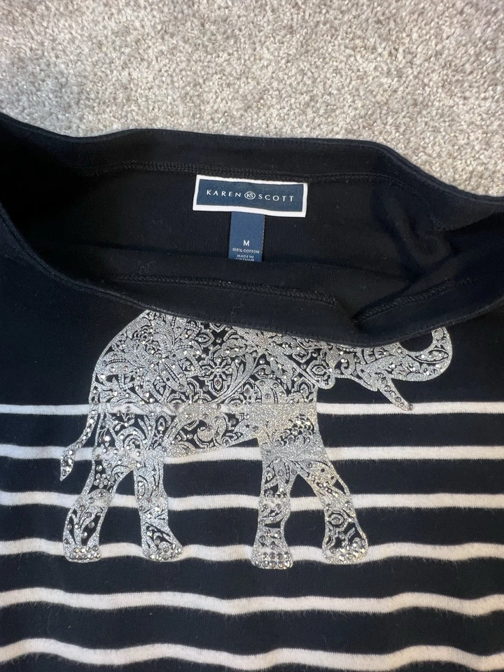 Top para mujer Karen Scott a rayas manga 3/4 elefante estrás talla mediana Foto 3 de 3