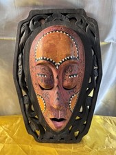 Vintage 17" x 11" Balinese Wooden Mask Hand Carved Painted Indonesian Wall Decor