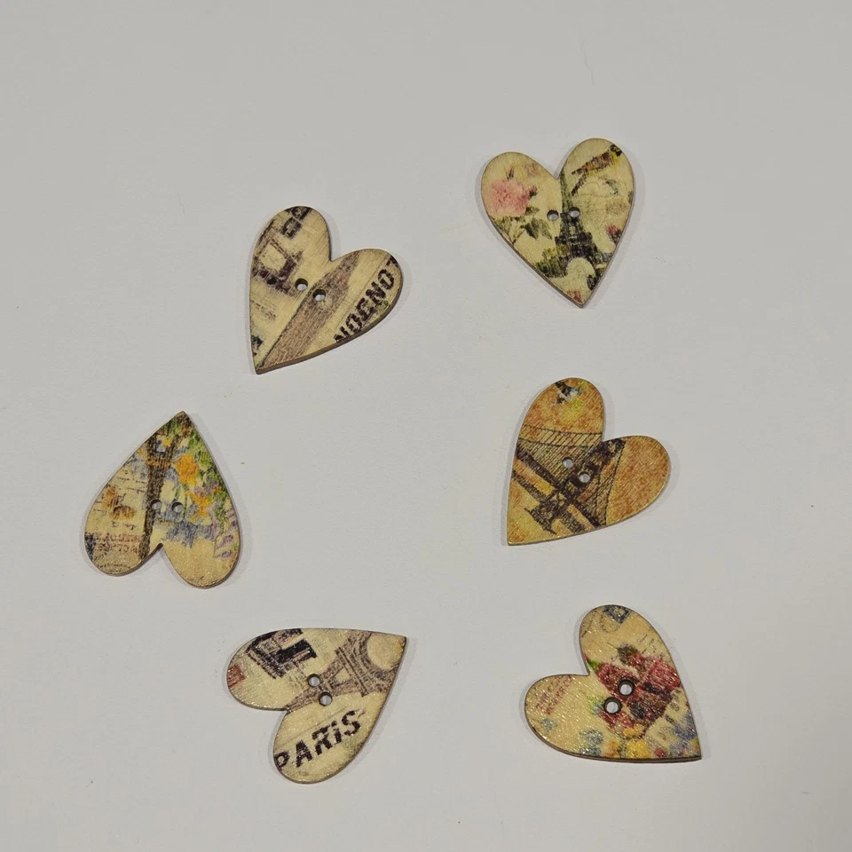 6 Wooden Heart Shaped Buttons Paris France Romantic Eiffel Tower Floral Craft - Image 3 of 3