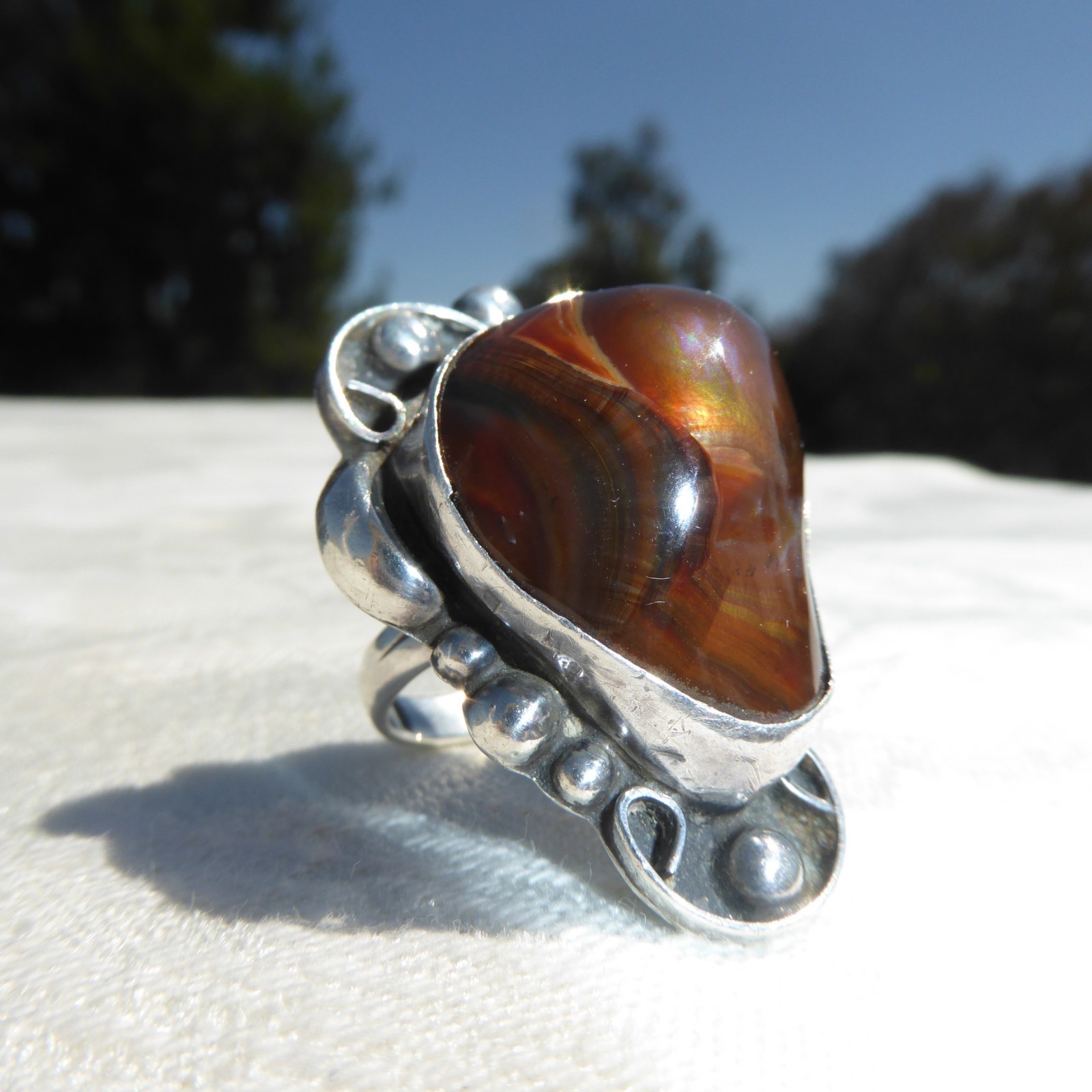 Native American Sterling Silver Navajo Large Brown Fire Agate Ring Size 8.5