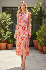 Paige Halter Midi Summer Dress with Leg Slit Pink Floral Fruit Size S Coquette