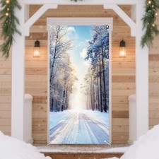 Christmas Door Cover for Front Christmas Door Decorations Festive Snowy Fores...