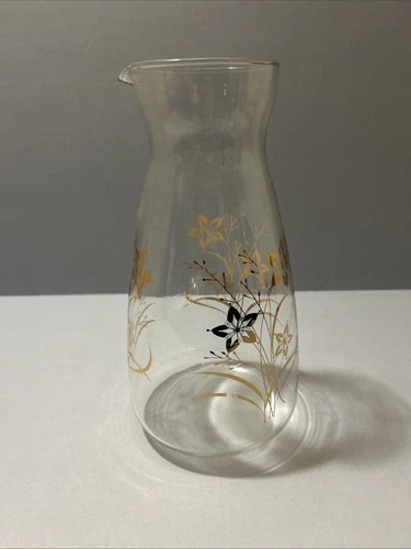 MCM VTG Pyrex Glass 48 oz Juice Carafe/Pitcher Gold Atomic Star Floral/ USA