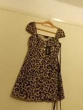 Pretty Little Thing Animal Leopard Print Bardot denim Dress Size 8 BNWT