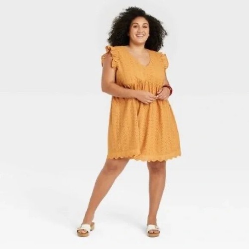 Knox Rose Rüschen Kurzarm Ösen A-Linie Kleid - Sahara Gold - 3X Gelb
