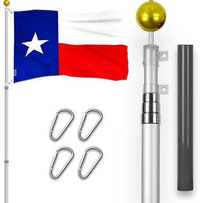 Combo: 16 Ft Telescoping Flagpole Silver & Texas TX State Flag 3x5 Ft Emb 300D