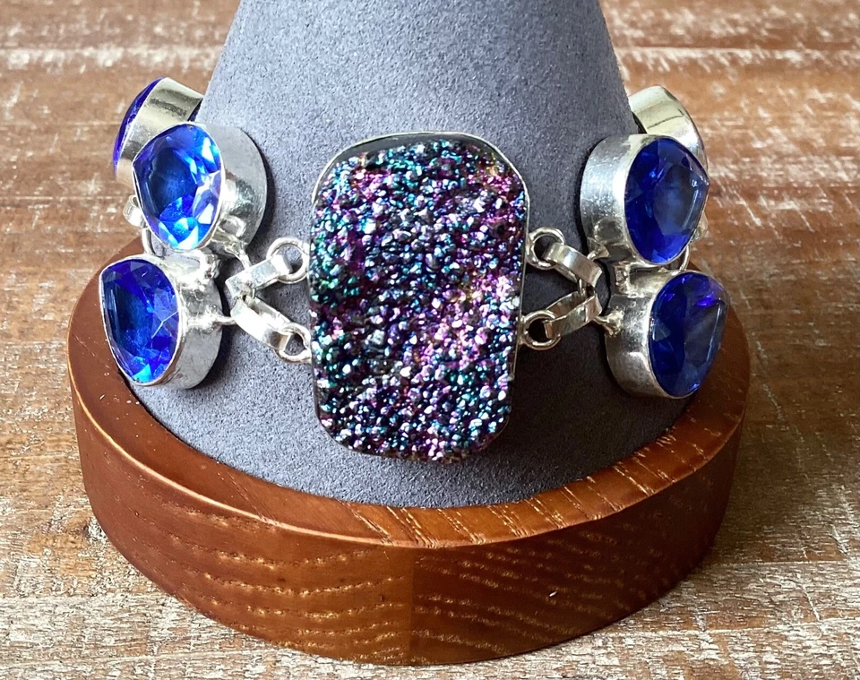"Hermoso brazalete de plata esterlina de vidrio azul druzy de titanio arco iris púrpura - 7""" Foto 2 de 4