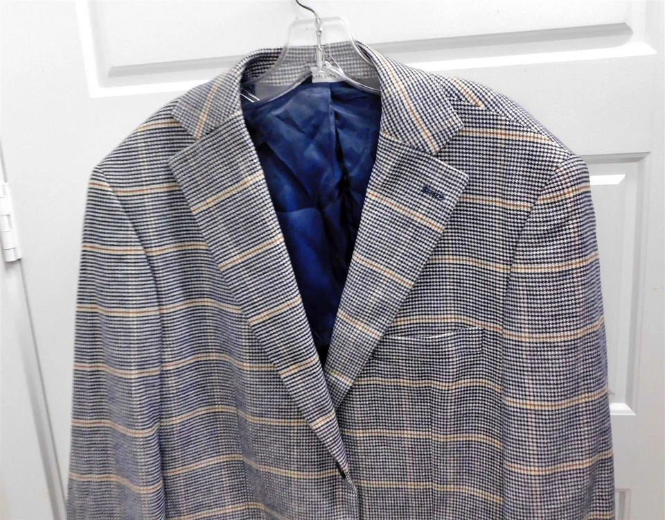 Paul Fredrick JHQ033W Men's Navy Tan Plaid Blazer Jacket 44R - Image 2 of 4