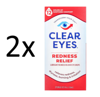 2x Clear Eyes, Rötungslinderung, Gleitmittel/Rötungsschutz-Augentropfen, 15 ml