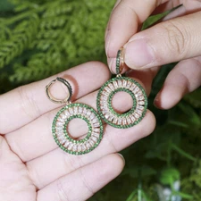 Lovely Green CZ Crystal Ladies Party Baguette Dangle Round Huggie Drop Earrings