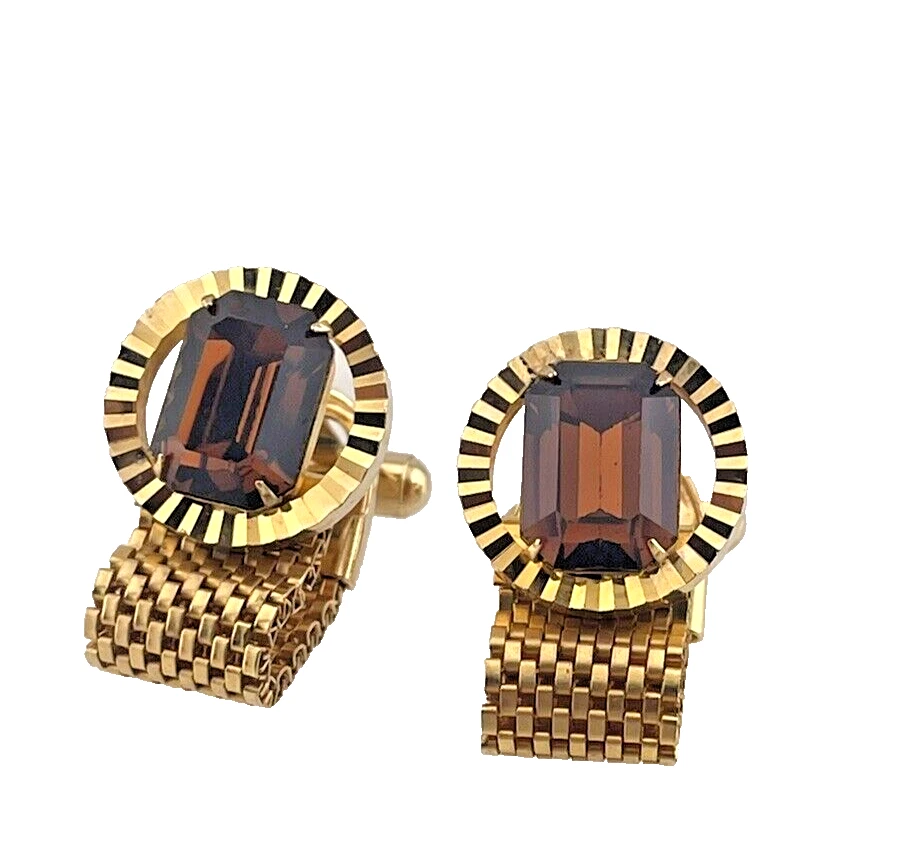 Vintage Brown Topaz Rhinestone Mesh Wrap Cufflink Mens Gold Tone - Image 3 of 4