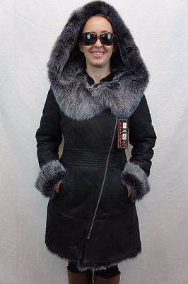 Black 100% Toscana Sheepskin Shearling Leather Lambskin Coat Jacket Hood XS-7XL