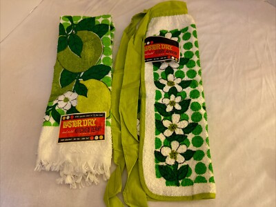 Vintage Luster Dry Terry Cloth Apron & Towel Hand Printed Lemons & Limes NWT MCM
