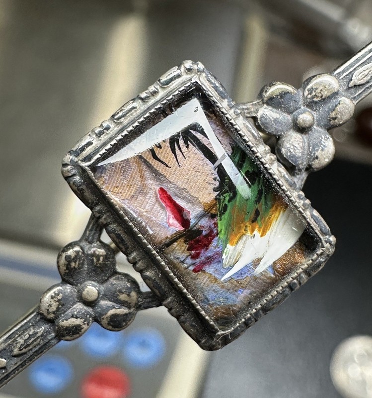 Antique Are Deco Sterling Silver Painted Scene Pin  4.1gt  A-272