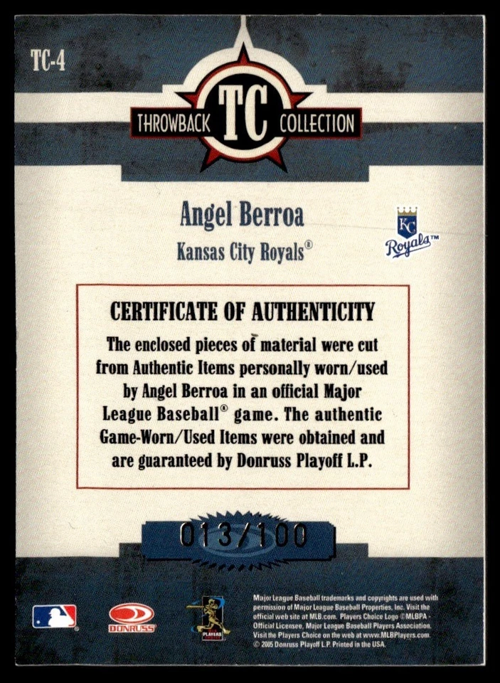 2005 Donruss Throwback нитки коллекции материал Angel Berroa 013/100 #TC-4 - Изображение 2 из 2