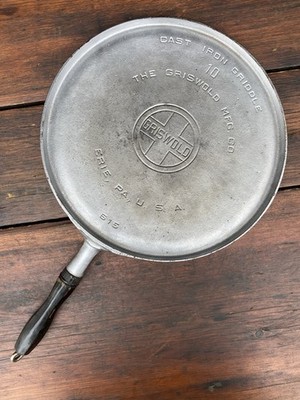 Griswold Cast Iron #10 Chrome Large Logo Griddle With Wooden Handle