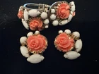 Vintage Carved Coral Rose White Milk Glass Rhinestone Clamp Bracelet & Earrings