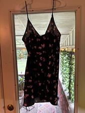Victoria's Secret Black/Pink Floral Satin V-Neck Chemise Gown Sleeveless L/G