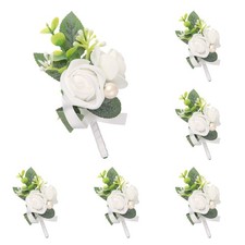 6pcs White Boutonnieres for Men, Artificial Flower Pocket Corsage
