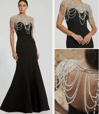 Mac Duggal 11775 Black Pearl Beaded Mermaid Gown 12 Long Crepe Illusion NeckNWOT