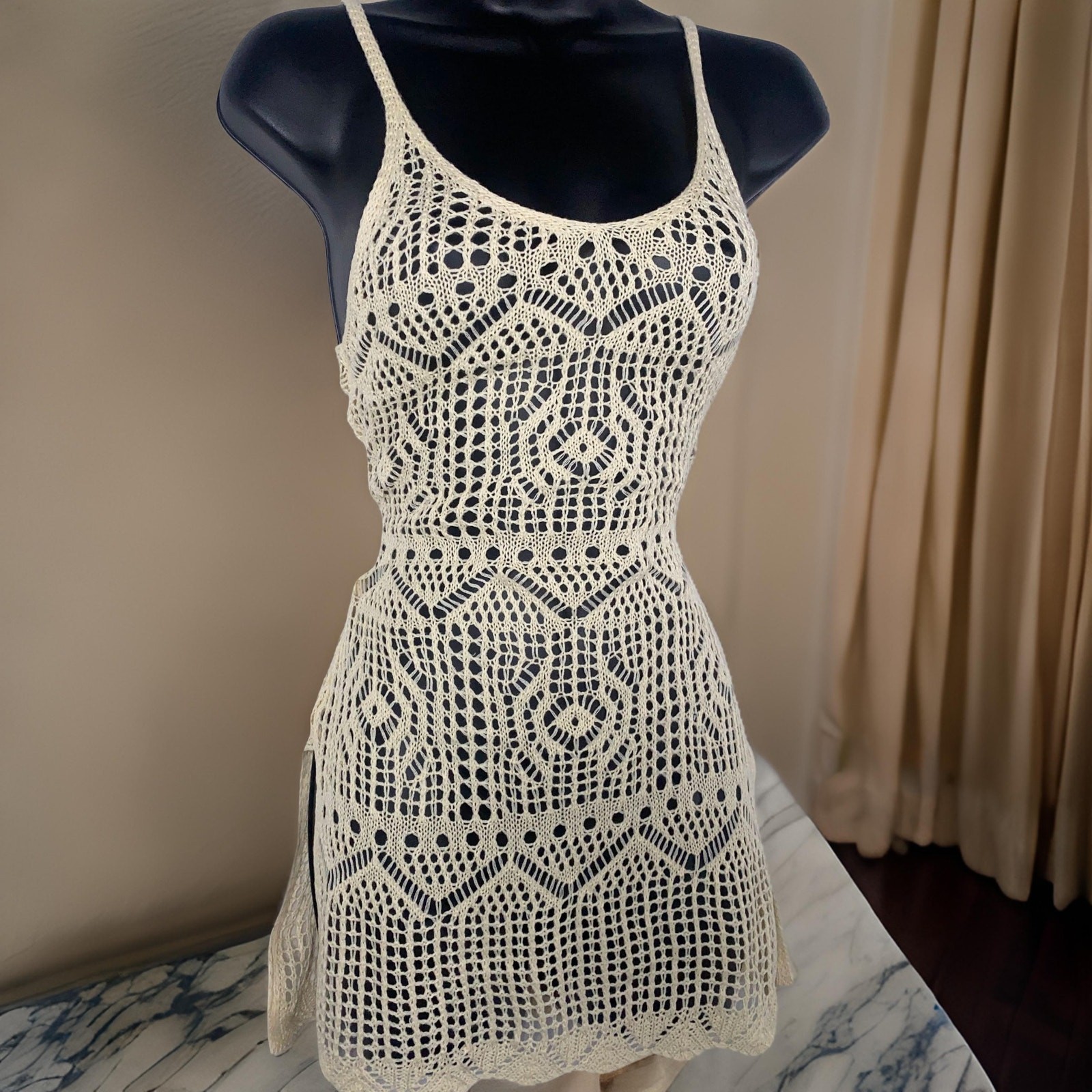 New Small Beige Knit Crochet Swimsuit Cover Up Mini Dress Slit Beach White Ivory