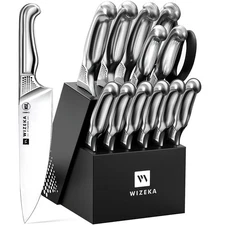 Kitchen Knife Set with Block: 15PCS German Stainless Steel Knife Block Set,On...