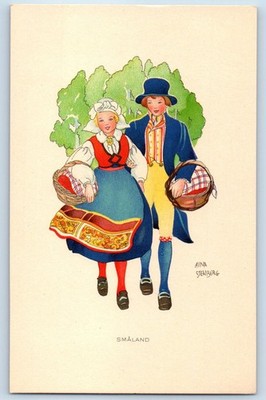 c1910's Smaland Young Lady And Boy With Basket Aina Stenberg Signed Postcard