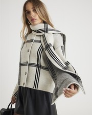 River Island Womens Cardigan Grey Knitted Check Print Wrap Scarf Long Sleeve Top