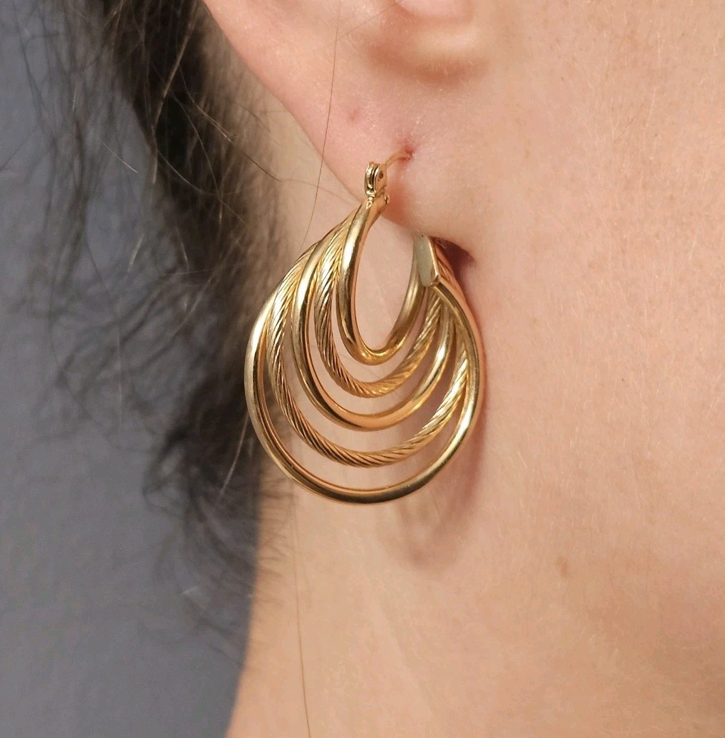 14K Solid Yellow Gold Multi-Layer Hoop Earrings E… - image 20