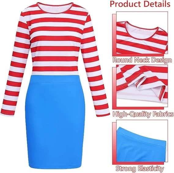 Adult Women’s Wenda Costume Set Striped Shirt Hat Skirt Glasses Cane Socks (L) - Image 3 of 4