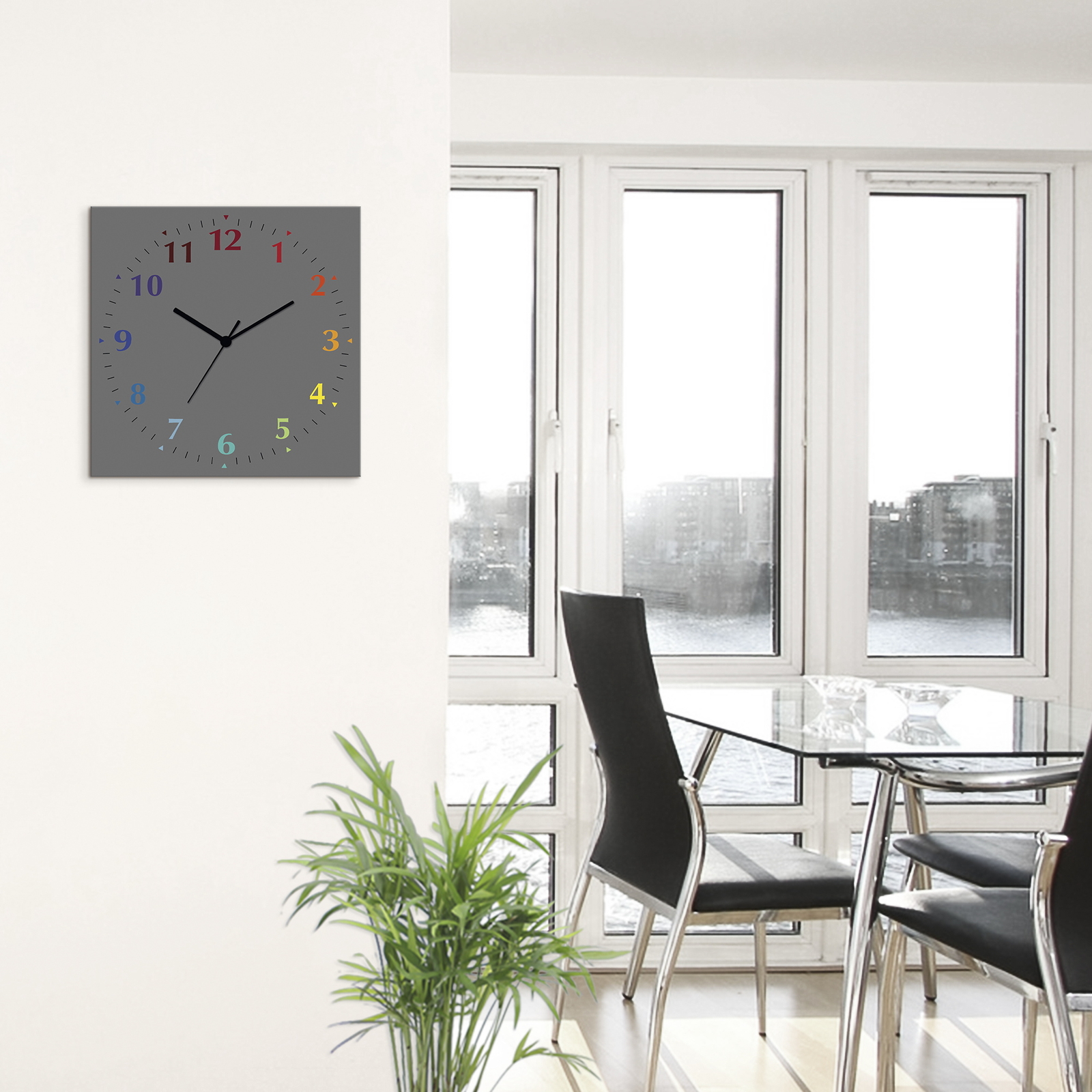 Wanduhr auf Alu analog Quarz 4 Ziffern 30x30 cm Trendfarbe Grau-Bunt D4VY