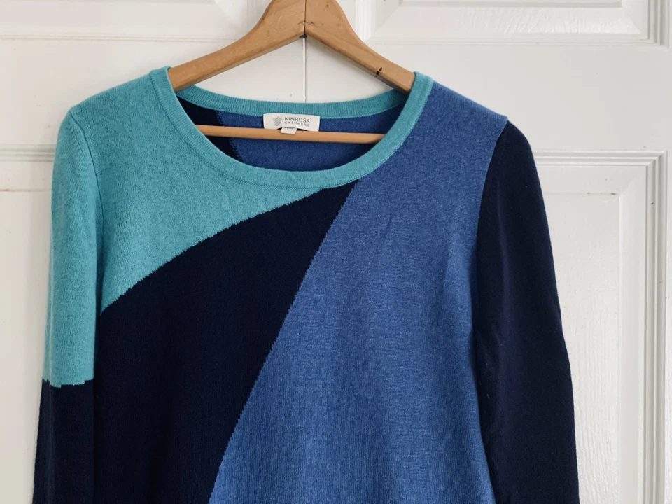 Suéter Kinross 100% Cachemira Colorblock Mujer Talla L Azul Negro Pullover Foto 4 de 4