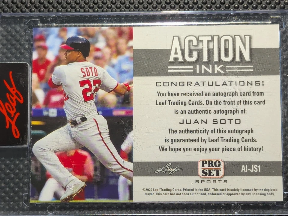 Juan Soto Auto Red Parallel 2022 Leaf Pro Set Action Ink Encased Autograph SP - Image 2 of 2